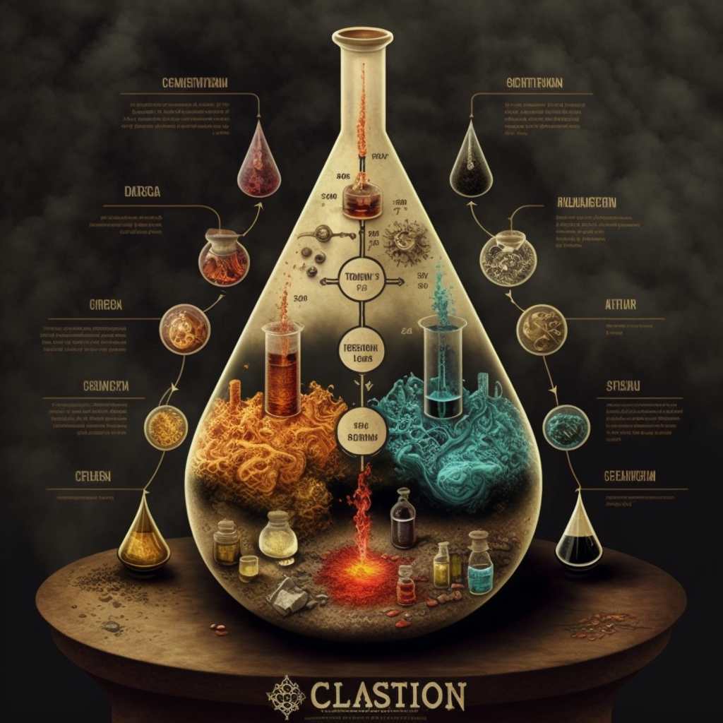 An alchemical flask illustrating the spiritual transformation and synthesis of elements in the creation of a sacred elixir
