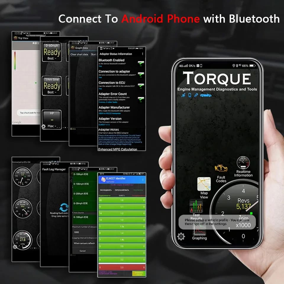 Smartphone displaying the Torque app connected via Bluetooth for reading and managing vehicle fault codes using an OBD2 scanner