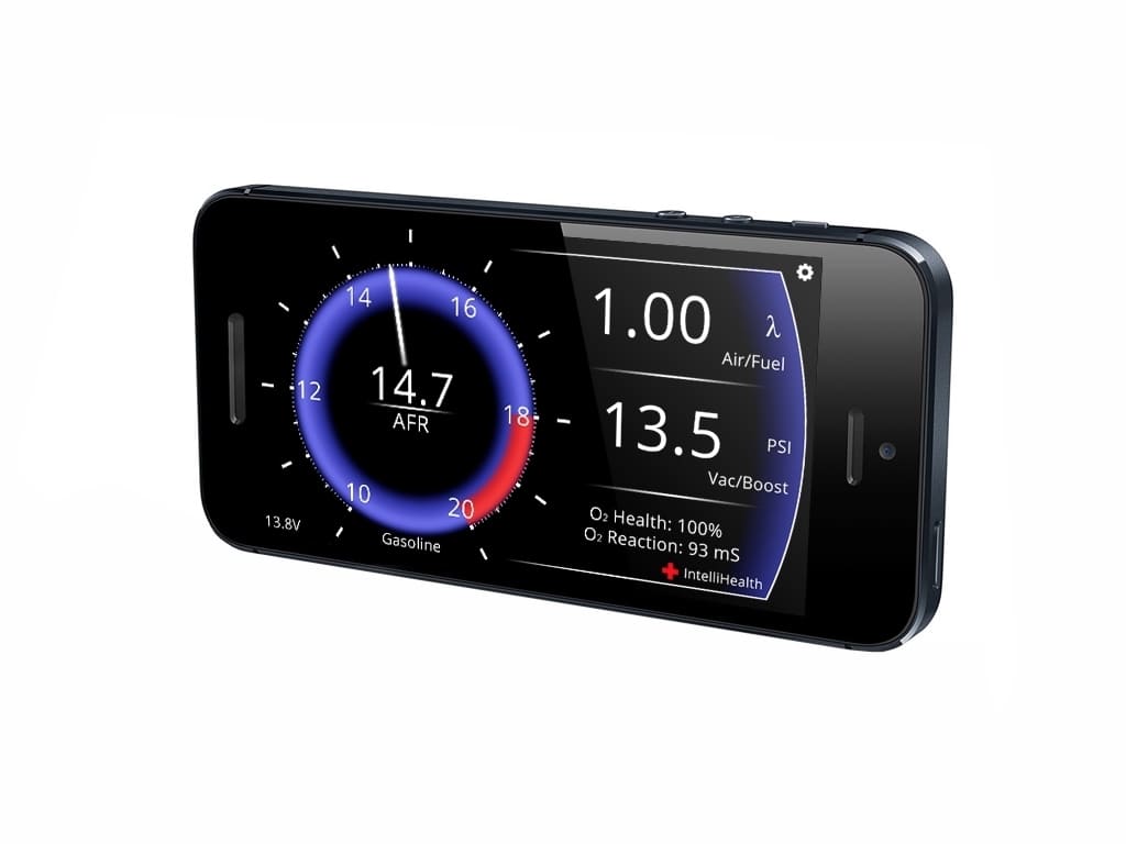 Smartphone displaying an OBD2 diagnostic app showing engine air/fuel ratio and boost pressure readings