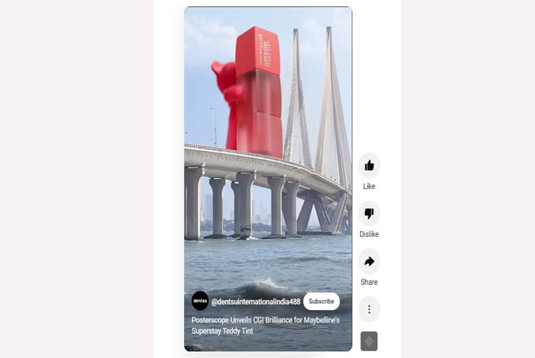 CGI teddy bear holding Maybelline’s Superstay Teddy Tint on Mumbai’s Worli Sea Link as part of a high-profile digital campaign