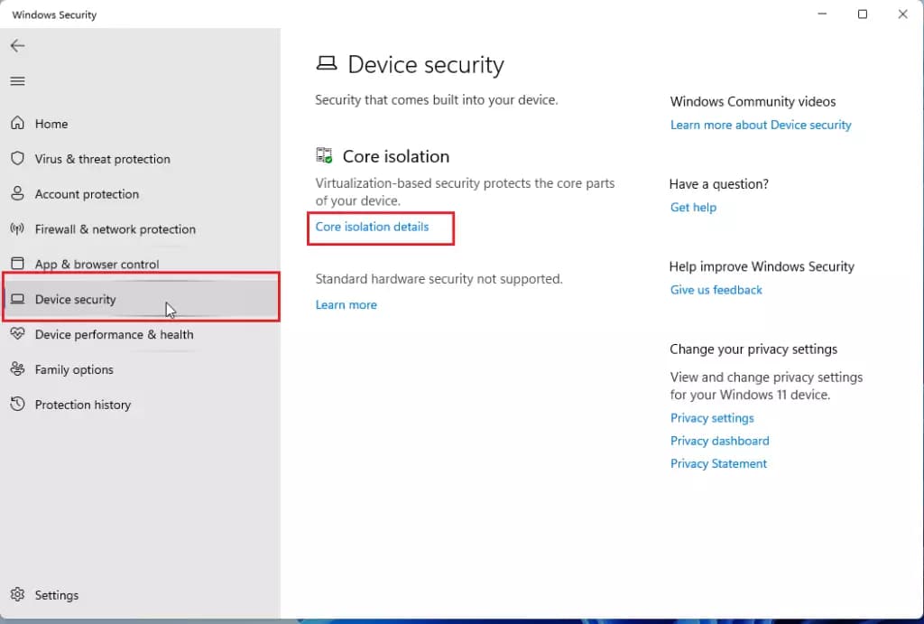 Windows 11 Device security settings showing Core isolation and link to Core isolation details for memory integrity protection