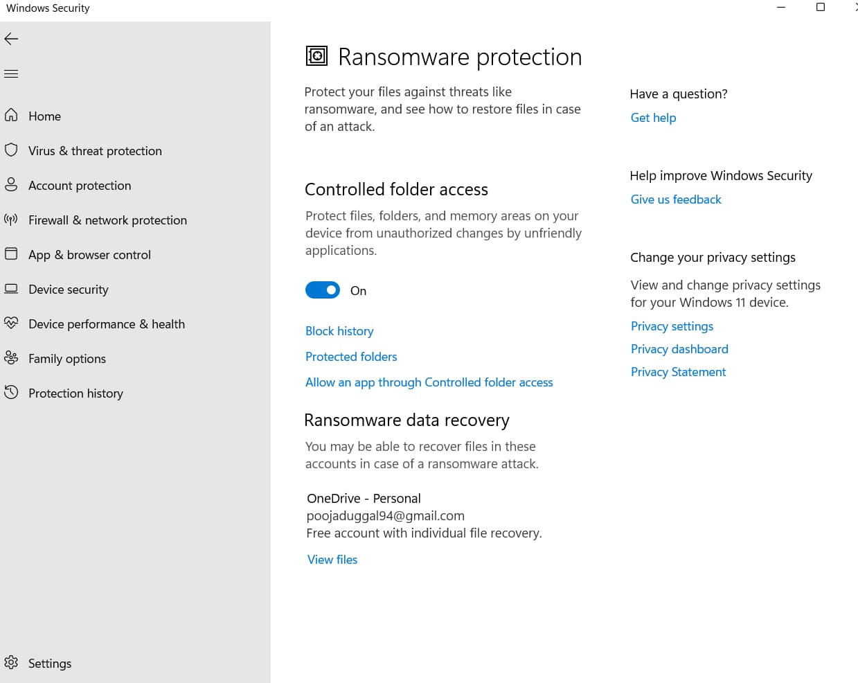 Windows 11 ransomware protection settings showing Controlled Folder Access enabled to protect against unauthorized changes