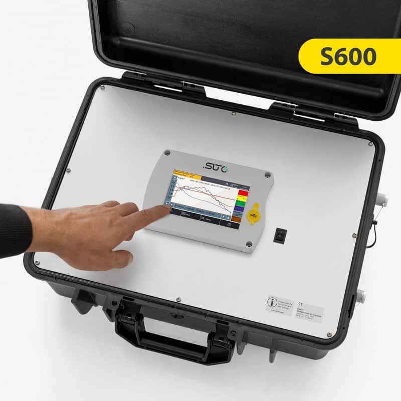 SUTO S600 device for compressed air purity testing with touchscreen display showing air quality data