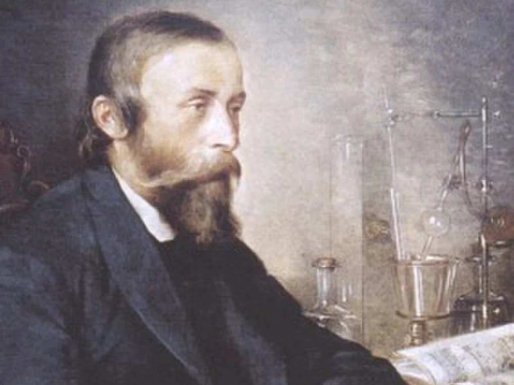 Portrait of Ignacy Łukasiewicz, a 19th-century pioneer of the Polish oil industry, with experimental apparatus in the background