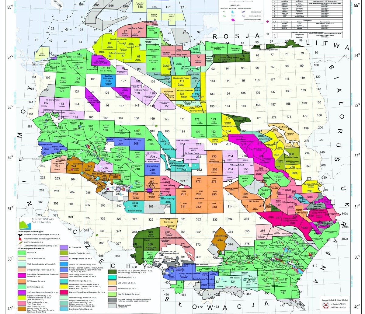 Detailed map showing oil and gas concession blocks and operating companies in the Polish Baltic Sea offshore region
