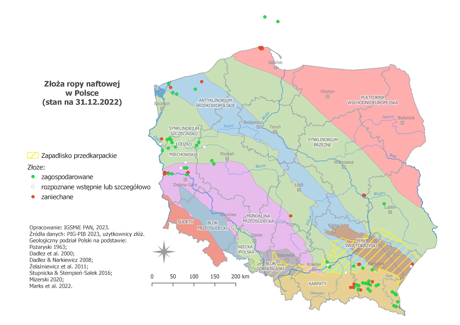 Geological map of Poland showing onshore oil deposits status as of 31 December 2022, including developed, preliminary, and abandoned fields, with focus on the Fore-Carpathian Depression region