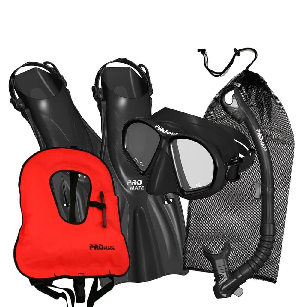 Complete snorkeling gear set including fins, mask, snorkel, flotation vest, and mesh bag worn and used for safe snorkeling trips