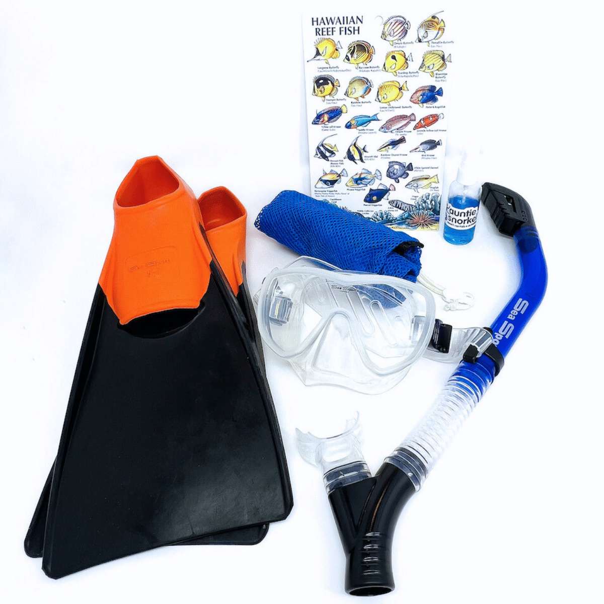 Essential snorkeling gear including fins, mask, snorkel, sunscreen, and a Hawaiian reef fish chart for snorkeling in Hawaii