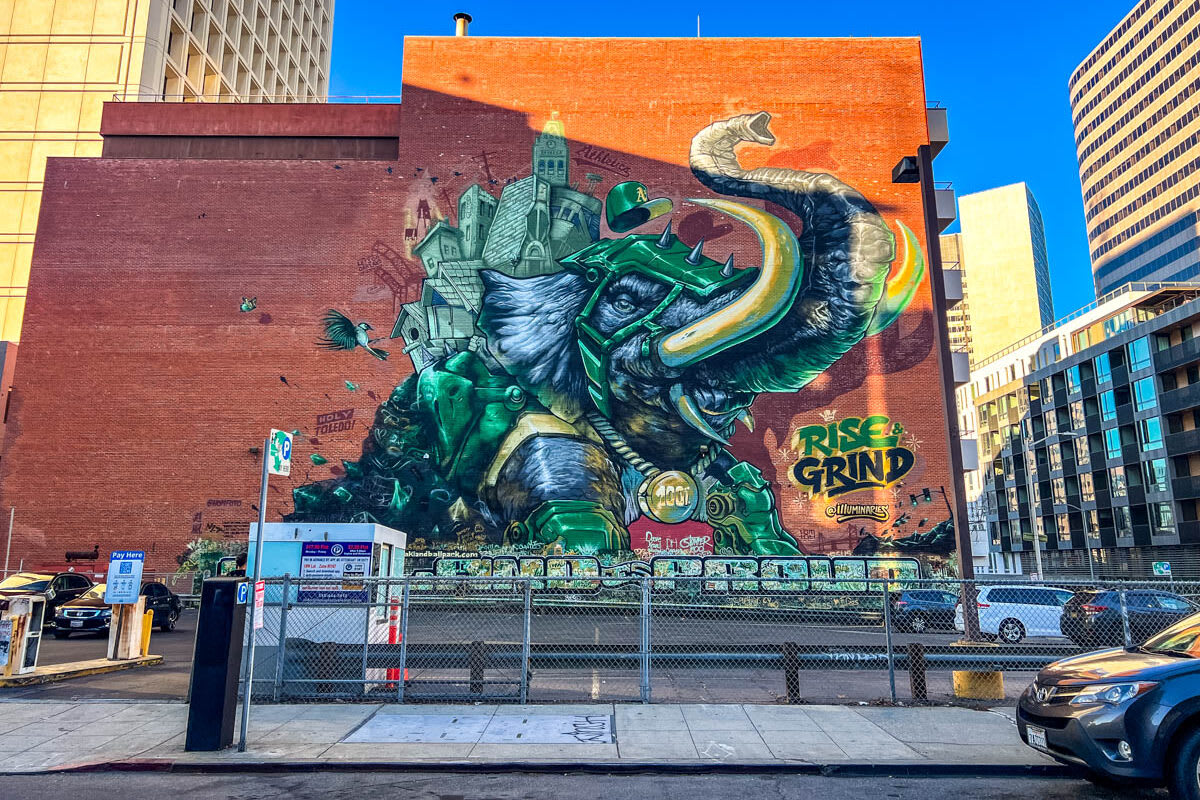 Murals like this vibrant elephant with cityscape in Oakland showcase the city's unique street art culture