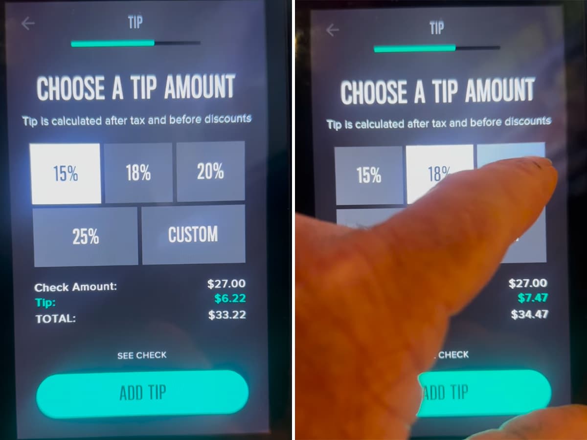 Restaurant digital tipping interface showing how tip percentages affect total bill and the pressure to choose higher tips