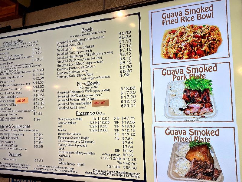Hawaiian restaurant menu featuring smoked plate lunch options and prices, illustrating local dining choices and costs