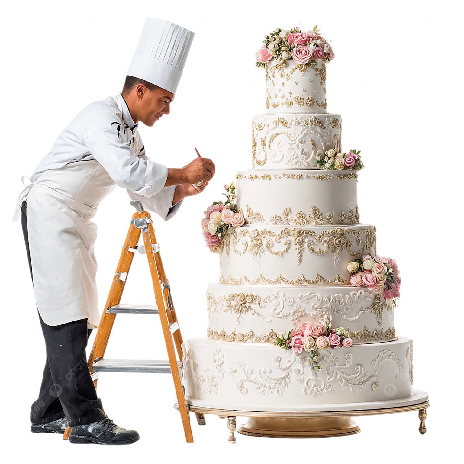 Professional baker decorating wedding cake