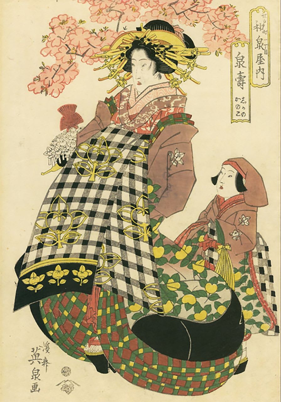 Edo-period ukiyo-e print of two women in traditional kimonos, likely courtesans from Yoshiwara, with cherry blossoms in the background