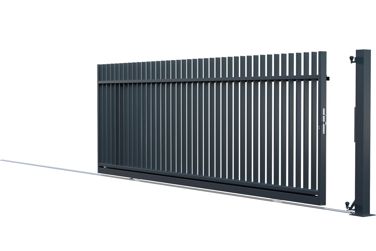 Cantilever sliding gate with vertical slats moving horizontally along a fence track without visible counterweight
