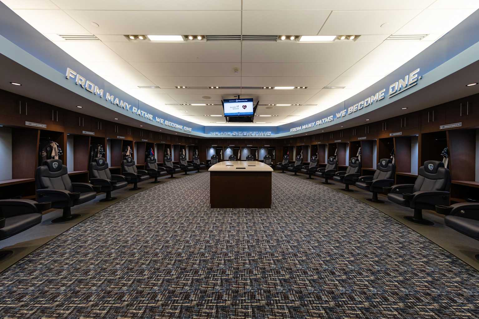 Sports locker room with seating