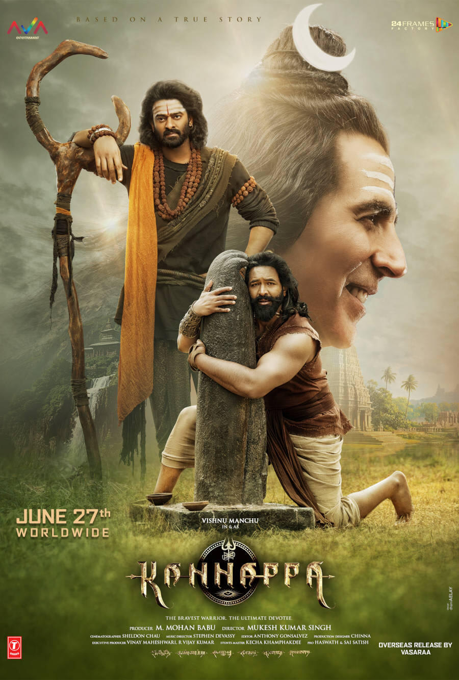 Kannappa (2025) movie poster featuring lead actor Vishnu Manchu in a devotional and mythological setting, releasing June 27th worldwide