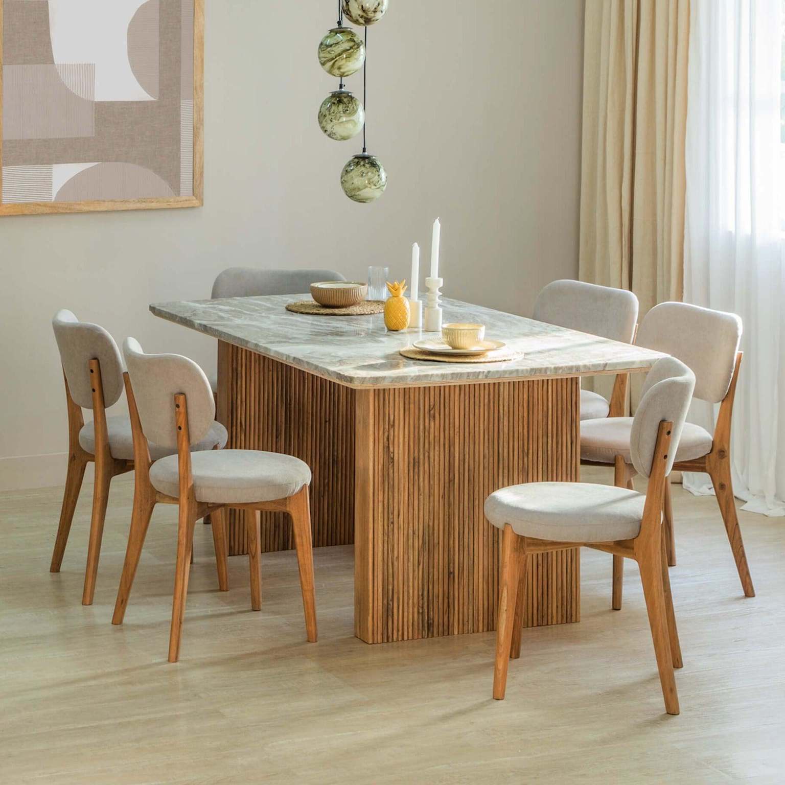Modern marble top dining table with six wooden chairs