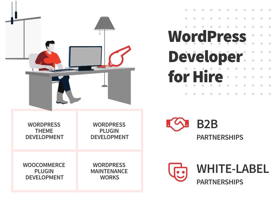 Illustration of a WordPress developer offering theme, plugin, WooCommerce, and maintenance services with options for B2B and white-label partnerships