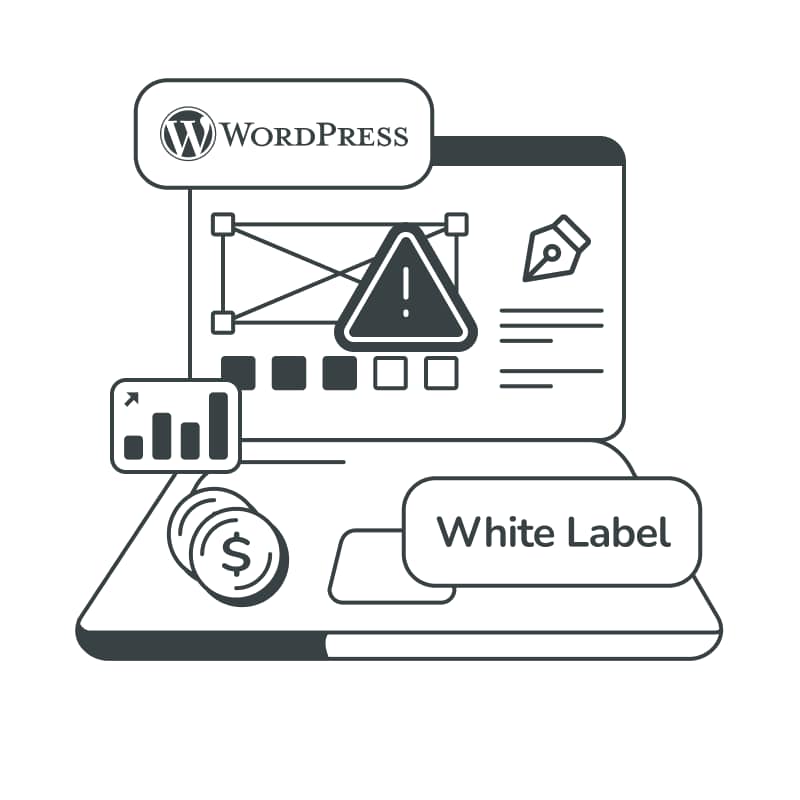 Illustration showing white-label WordPress development services with design, content, and financial elements on a laptop screen