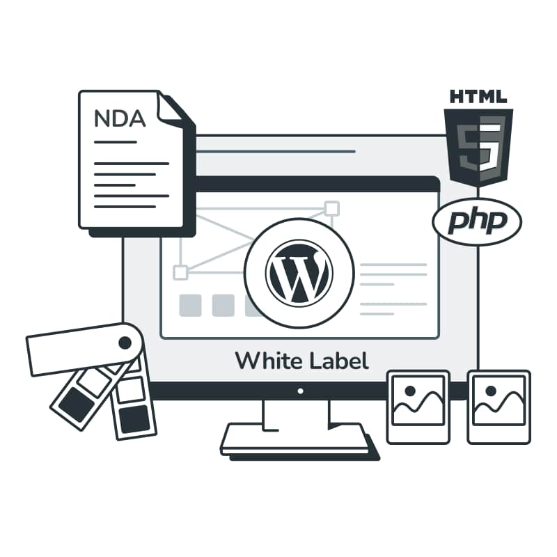 Illustration depicting white-label WordPress development with key components like NDA, HTML5, PHP, and design elements