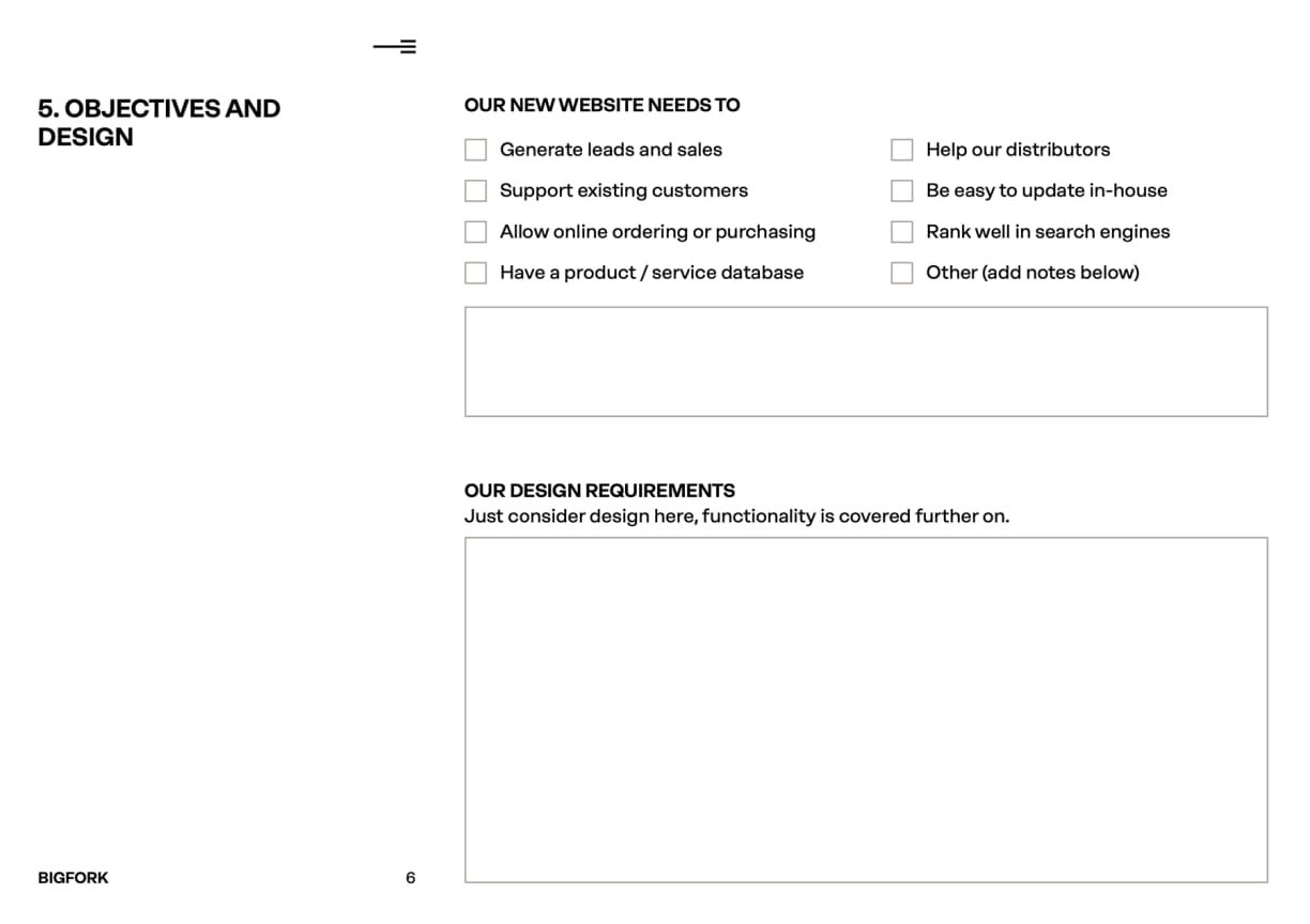 Website brief template section for defining project objectives and design requirements, useful for digital marketing agencies and WordPress developers