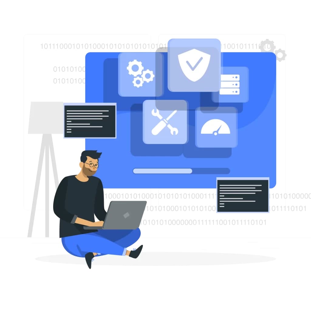 Illustration of a person working on laptop with icons showing website development tools and services, highlighting white-label WordPress development concepts
