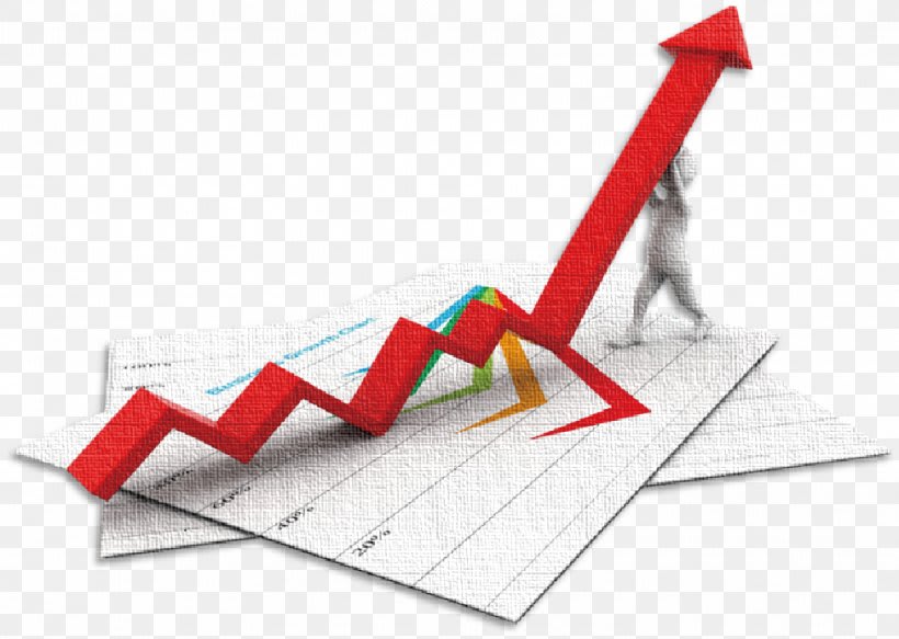 A three-dimensional red arrow sharply rising above business charts, symbolizing economic growth and upward trends