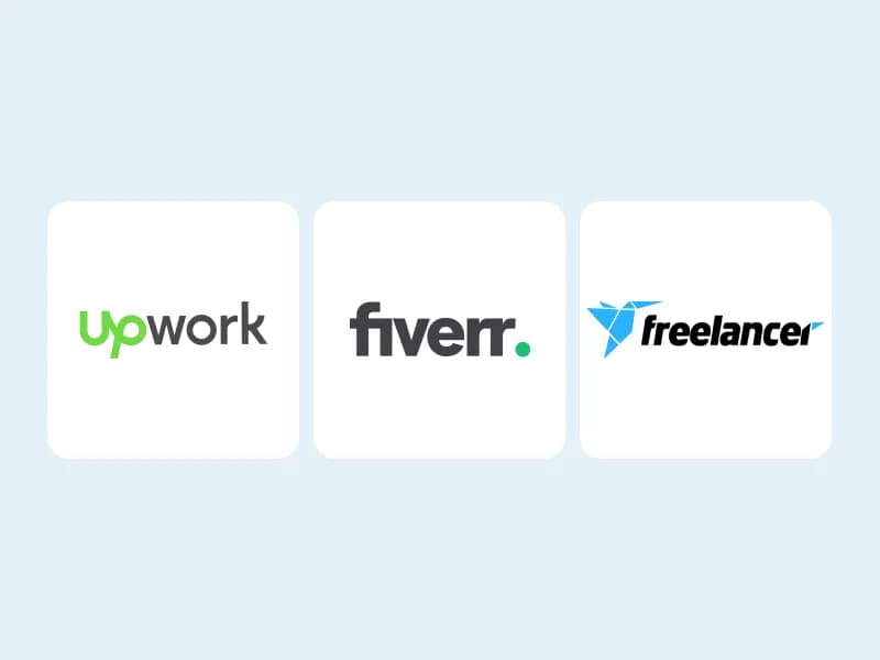 Logos of popular freelance outsourcing platforms: Upwork, Fiverr, and Freelancer
