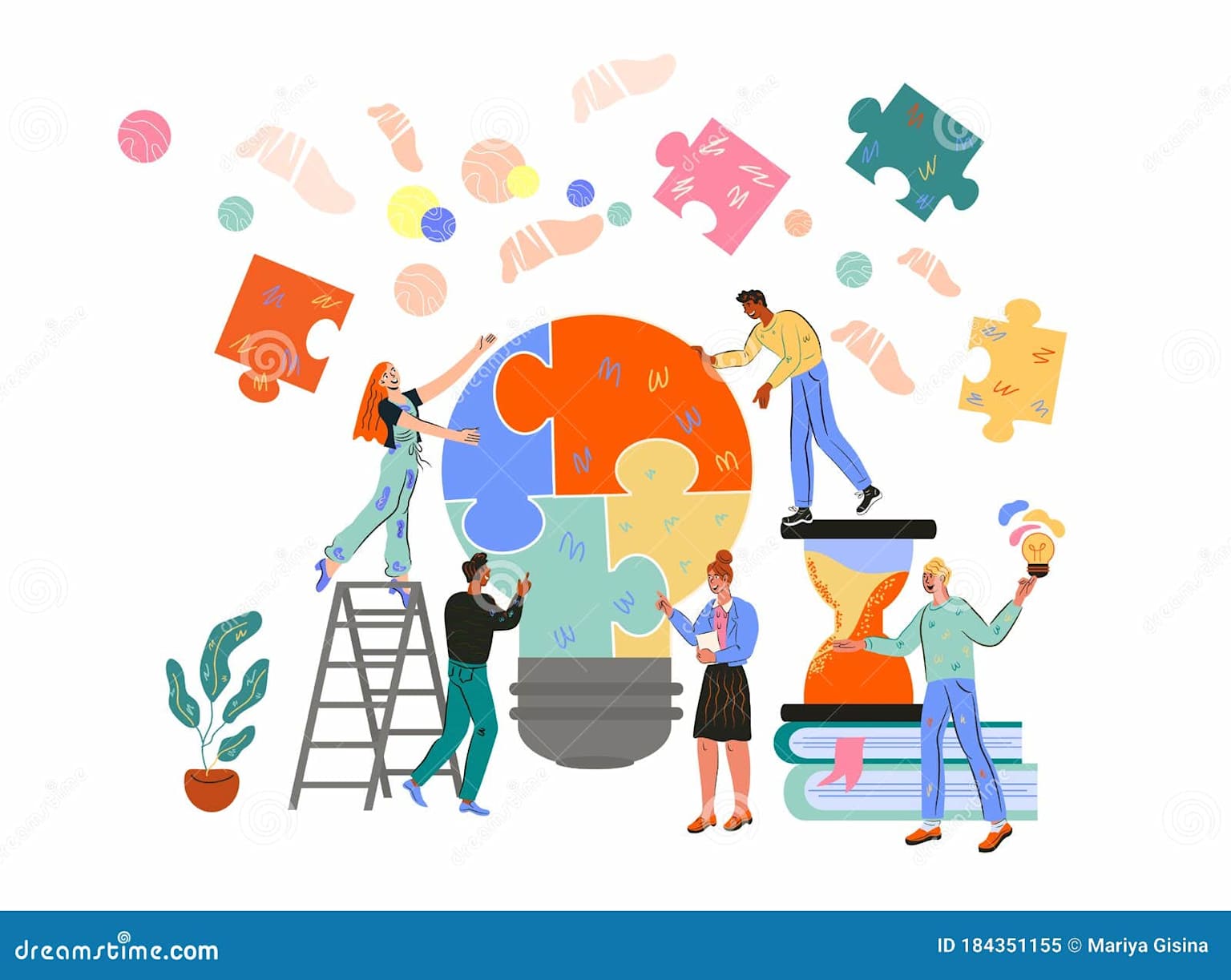 Illustration of a diverse team collaborating to assemble a light bulb made of puzzle pieces, symbolizing teamwork and creative problem-solving in a business or marketing context