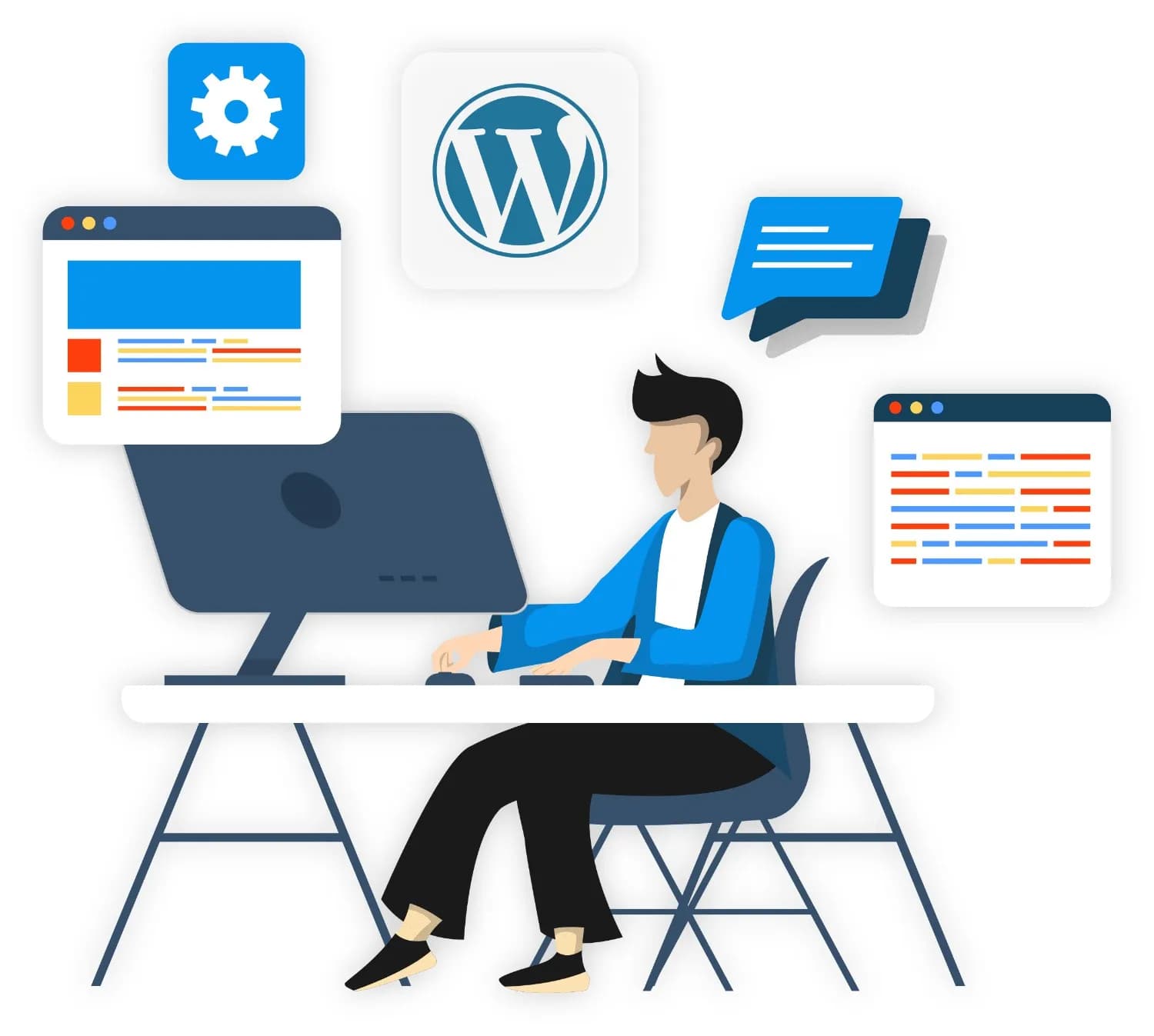 Illustration of a developer working on WordPress-related tasks at a computer, symbolizing white-label WordPress development services