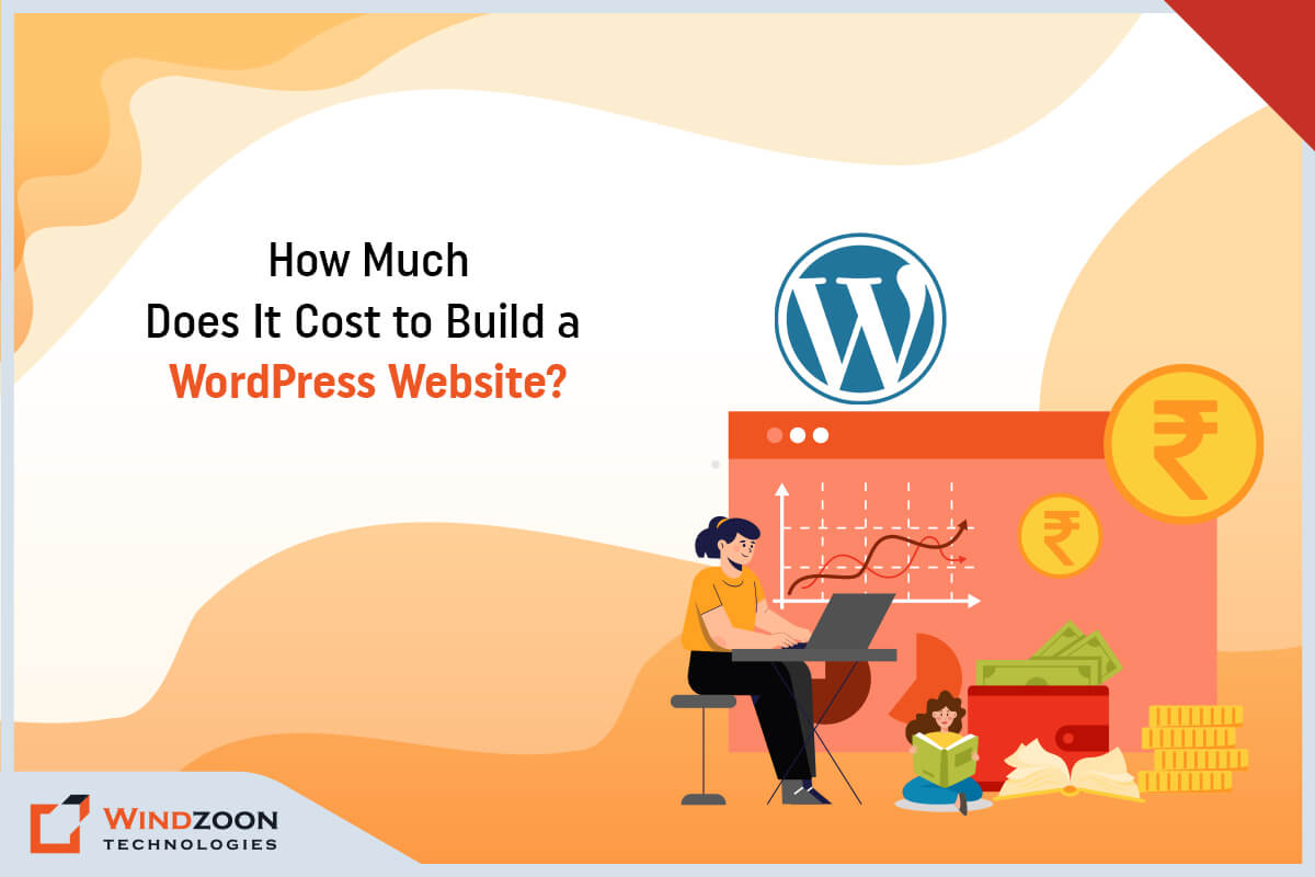Illustration showing the question of how much it costs to build a WordPress website with currency and growth indicators