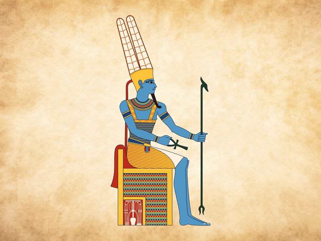 Illustration of the ancient Egyptian god Amon seated with traditional crown and symbols.