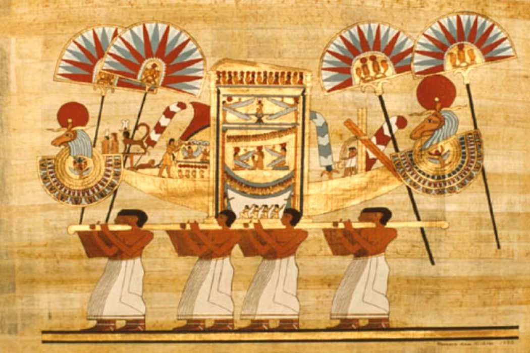 Ancient Egyptian artwork showing the Festival of Opet procession honoring Amon, with priests carrying a sacred barque.