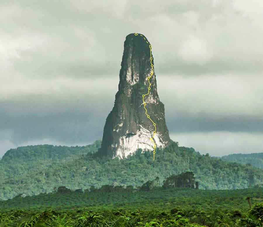 Pico Cão Grande on São Tomé Island, an iconic volcanic formation rising sharply from the rainforest, ideal for adventurous travelers