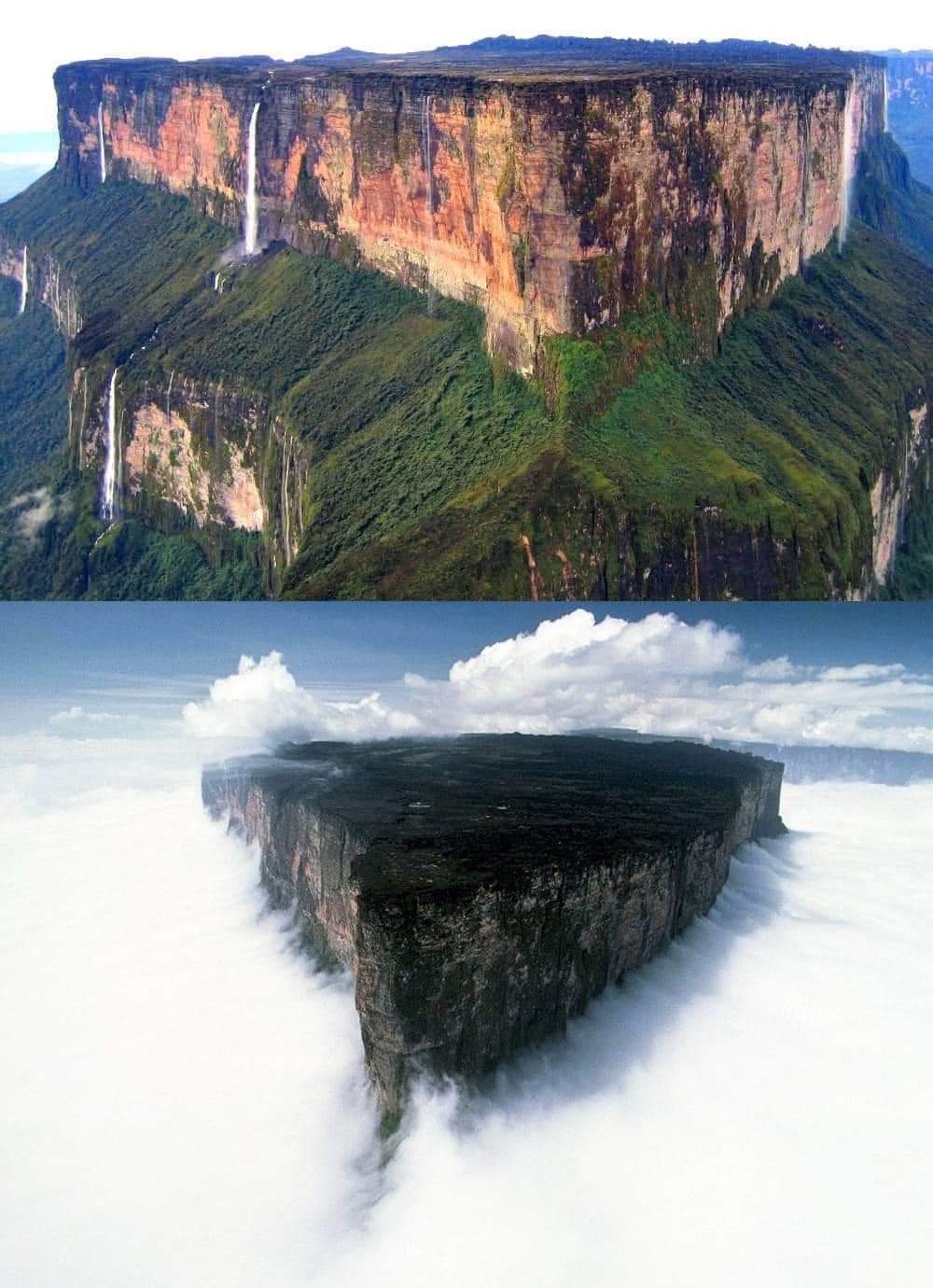 Two breathtaking views of Mount Roraima showing its sheer cliff walls, waterfalls, and mysterious cloud-covered summit