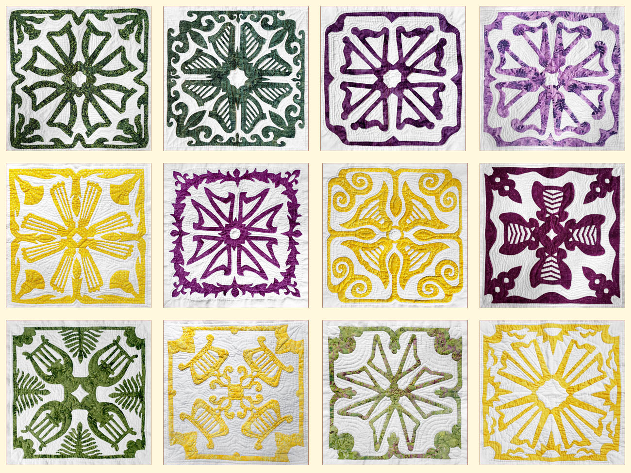 Traditional Hawaiian quilt blocks showcasing authentic applique patterns with native floral motifs in vibrant colors