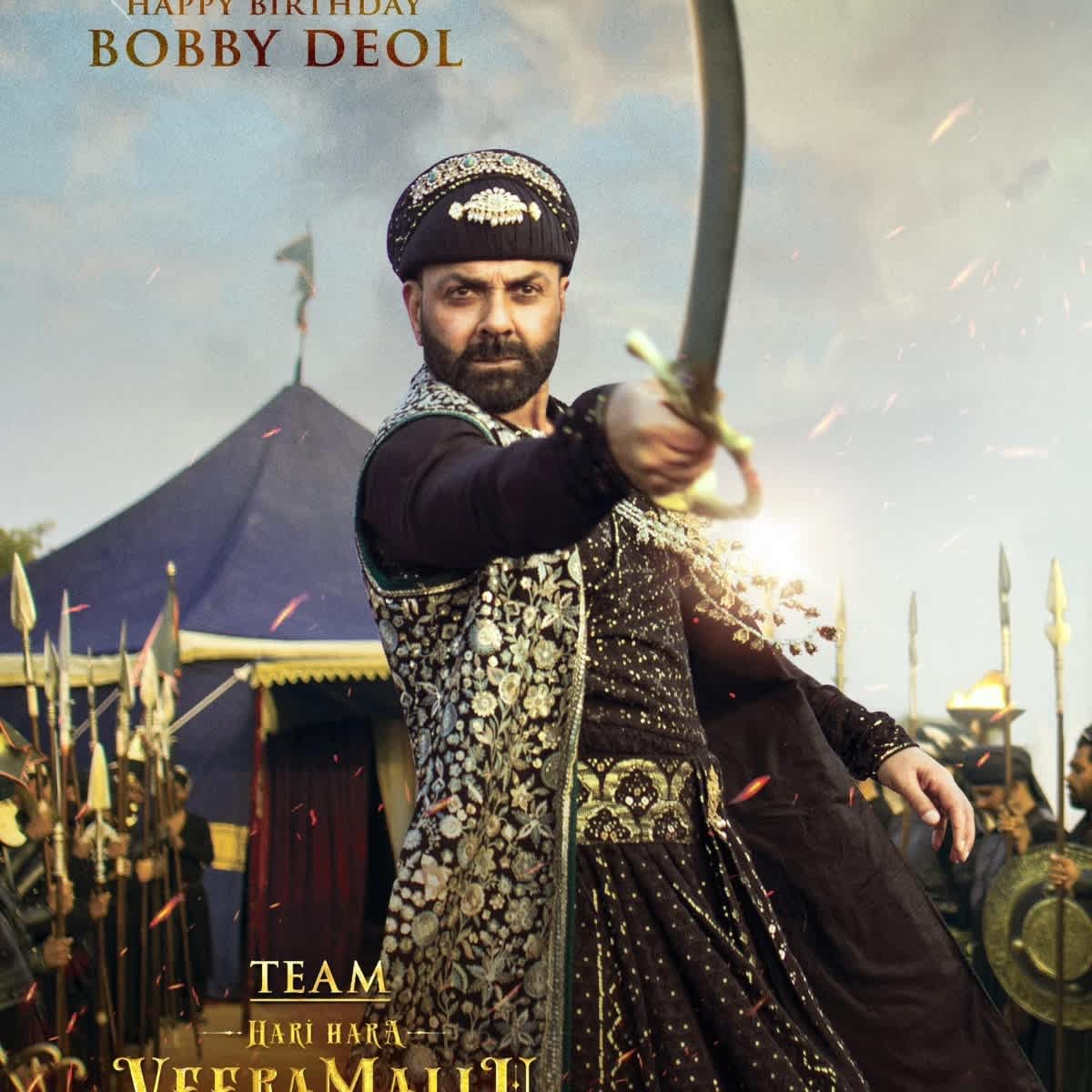 Bobby Deol in historical costume holding a sword for Hari Hara Veera Mallu (2025) birthday poster