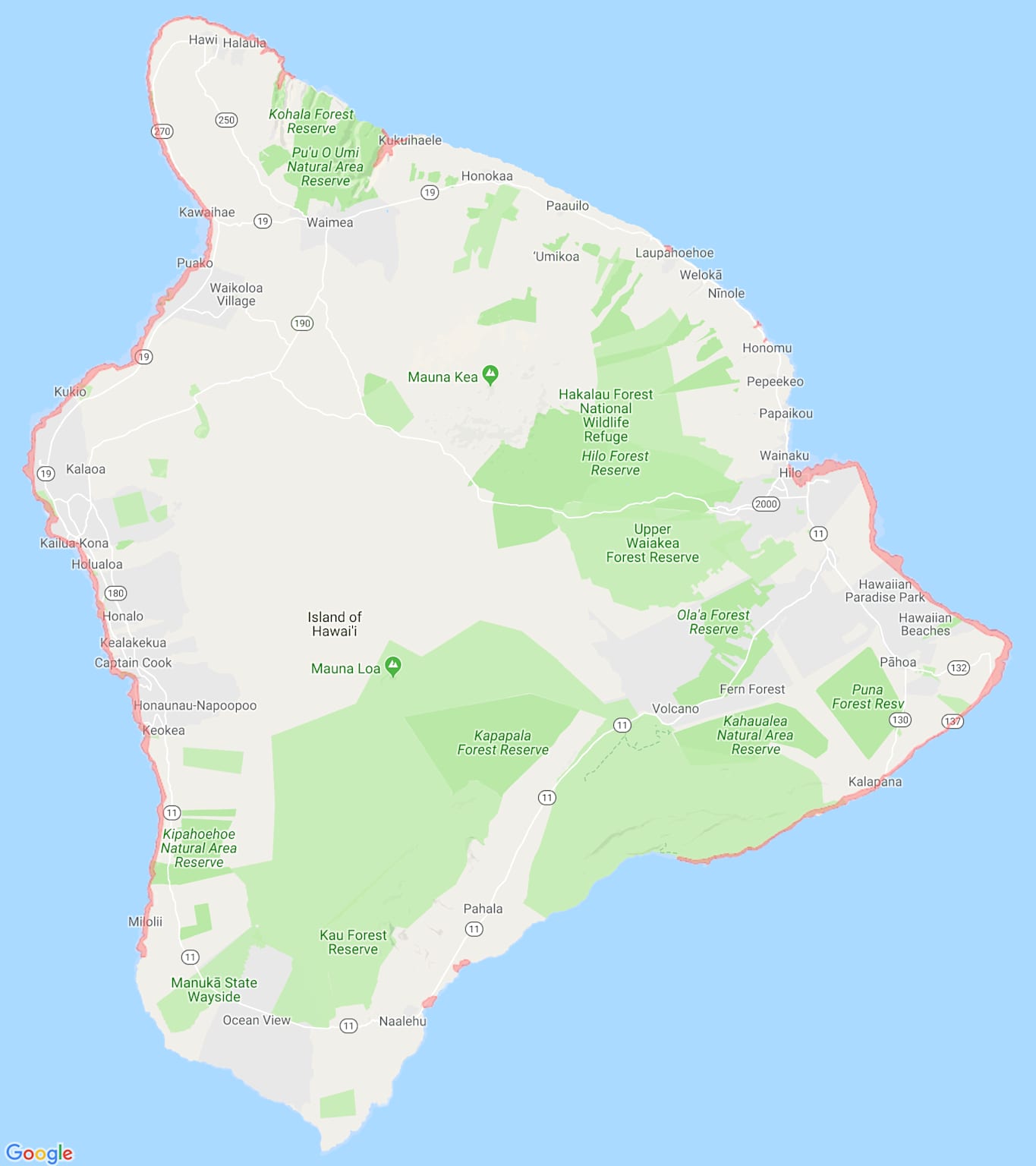 Tsunami evacuation zones and routes on the Island of Hawai'i highlighting coastal and vulnerable areas for safety planning