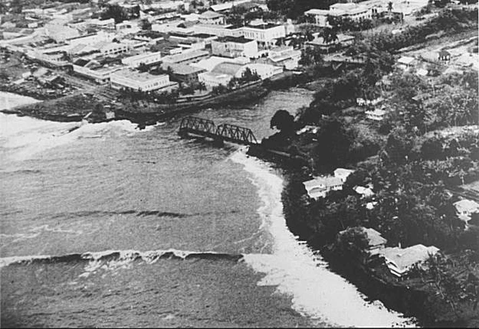 Aerial view of Hilo Bay's funnel-shaped coastline showing how geography amplifies tsunamis in Hawaii