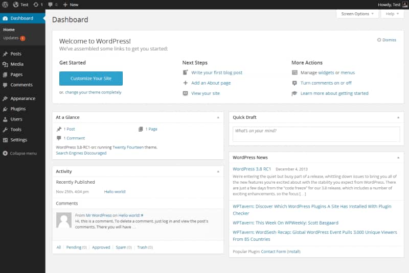 WordPress dashboard interface showing essential site management tools and navigation options for website development