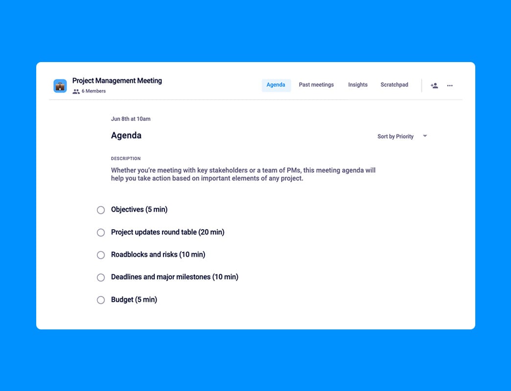 Project management meeting agenda template showing key discussion points and timed agenda items for progress updates