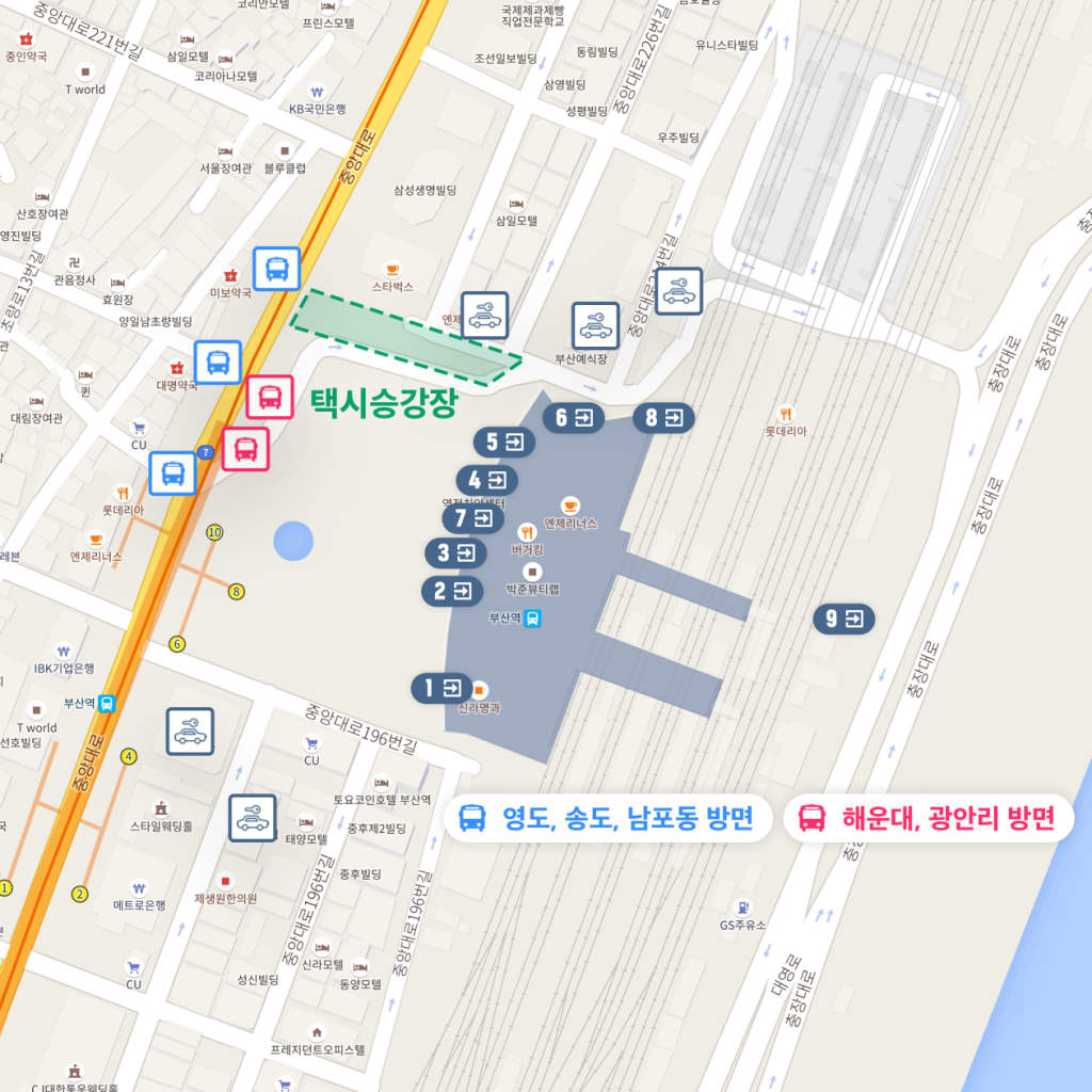 Map of Busan Station area showing station exits, bus stops, and taxi stands for easy orientation.