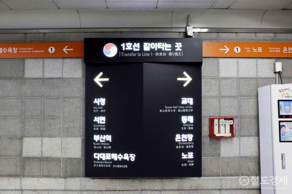 Busan subway Line 1 transfer sign showing directions to key stations including Busan Station, City Hall, and others.