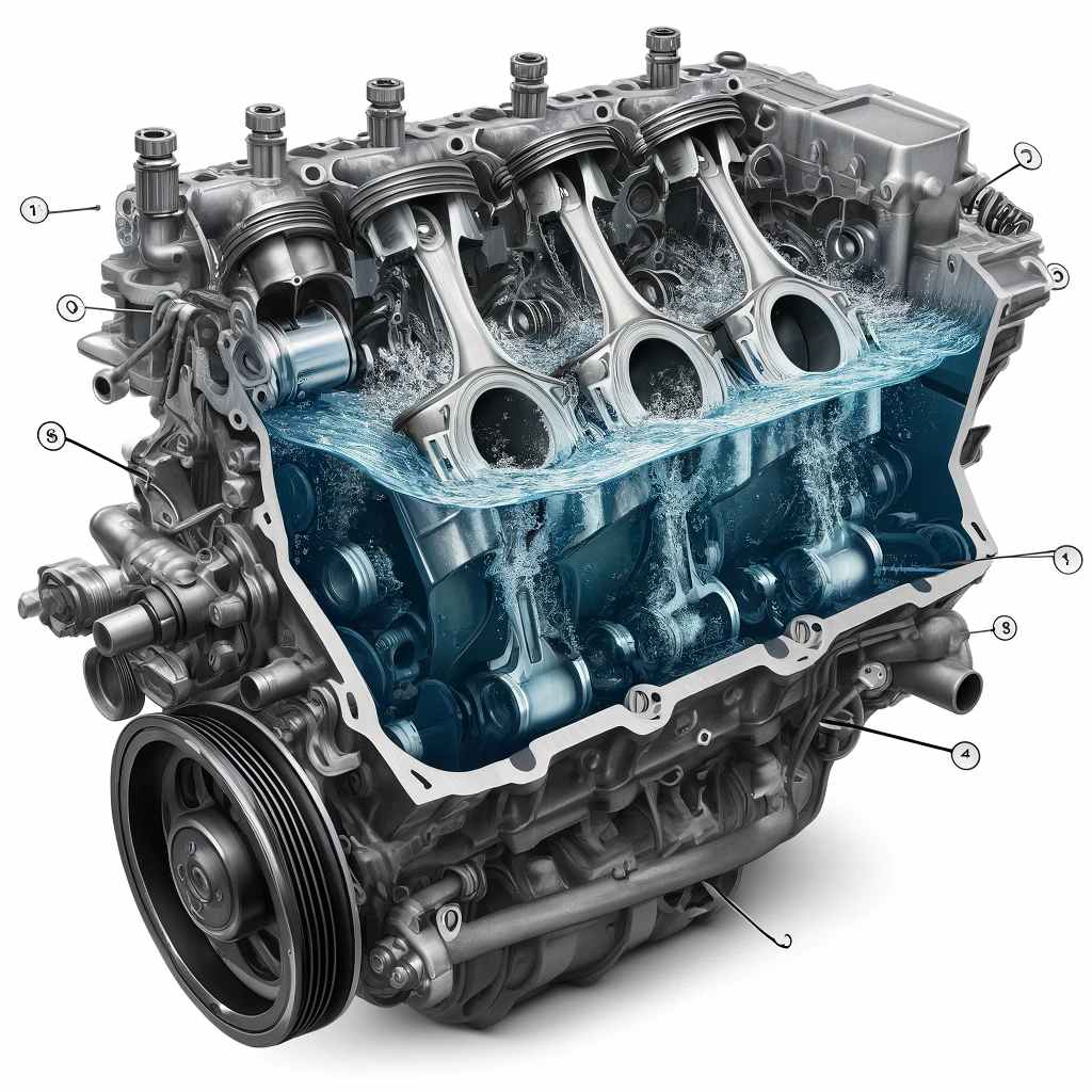 Cross-sectional view of a car engine showing water flooding the cylinders to illustrate hydrolock (гидроудар) in an engine
