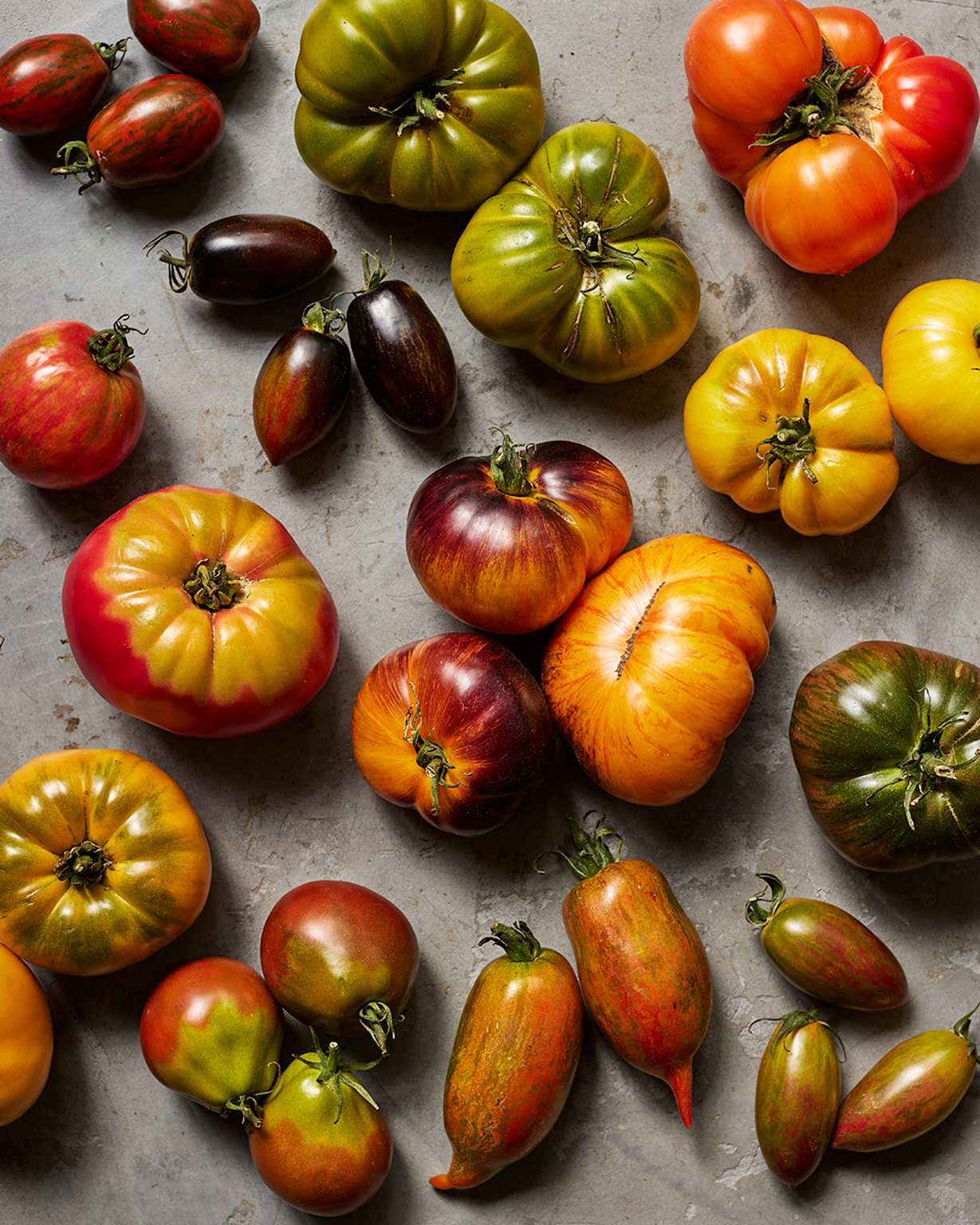 A colorful assortment of heirloom tomatoes showcasing diverse shapes, sizes, and colors typical of traditional and indigenous tomato varieties