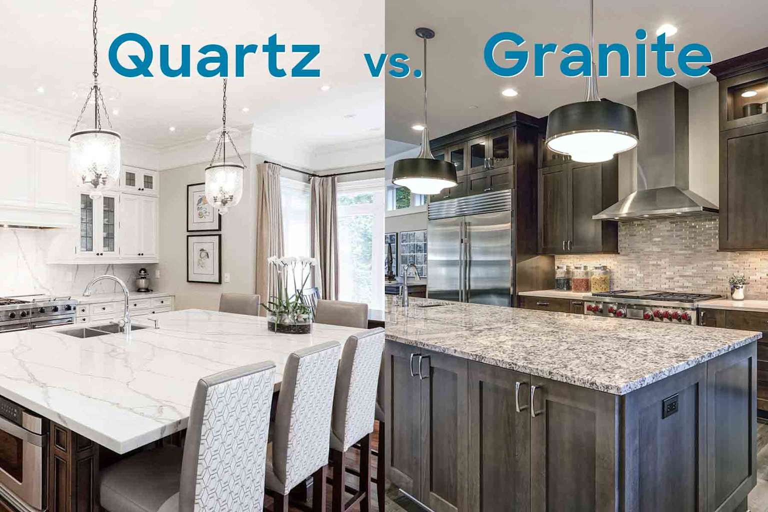 Side-by-side comparison of quartz and granite kitchen countertops