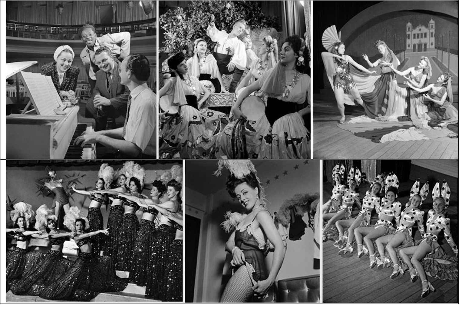 Photographs depicting theatrical performances and rehearsals at Cassino da Urca, highlighting the elaborate costumes and vibrant performance culture linked to Carmen Miranda's era.