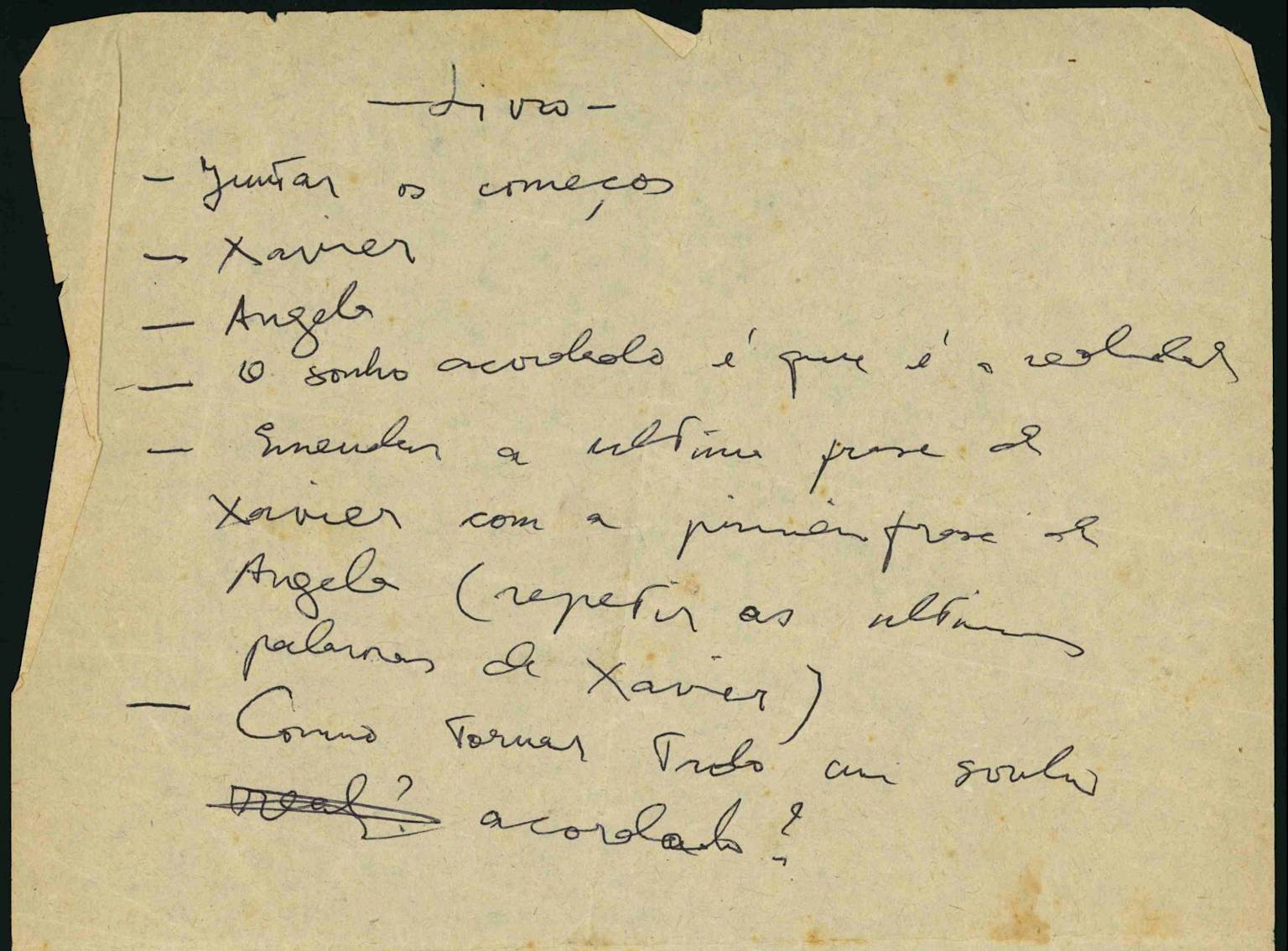 Handwritten manuscript notes by Clarice Lispector for her work 'Um sopro de vida'.