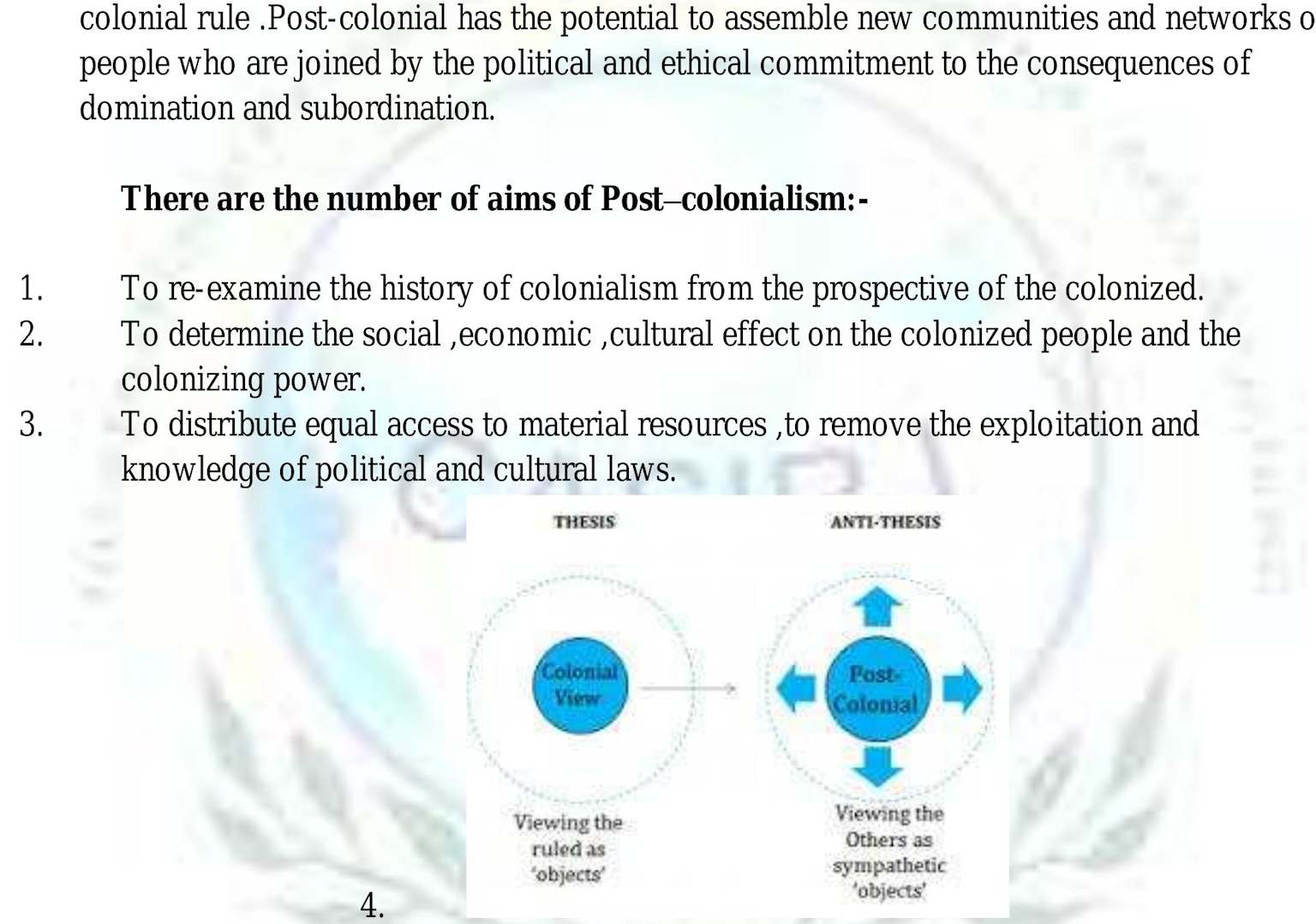 Diagram contrasting colonial and post-colonial views alongside key aims of postcolonialism