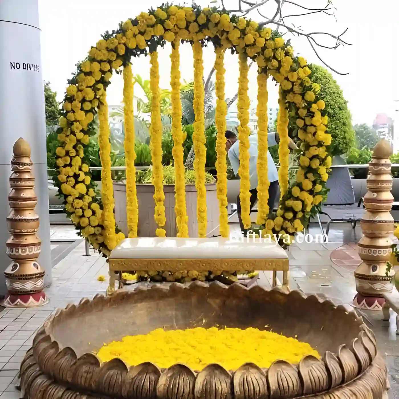 Traditional ceremony with marigold circle decoration